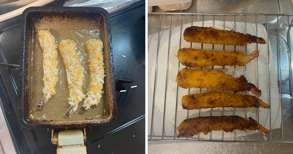 卵焼き器でえびフライを揚げ焼きする様子とカラッと揚げ上がった完成写真